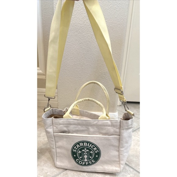 Starbucks Handbags - Starbucks Exclusive Tote bag - Ivory Canvas Yellow Top Handle Crossbody Zip Top